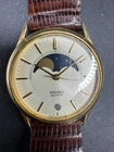Vtg Seiko Moon Phase Watch Men 32mm Gold Tone Date 7434-7009 Brown Leather Band
