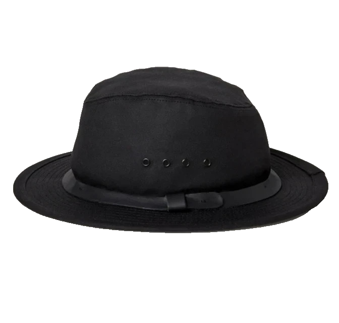 Filson Tin Cloth Packer Hat Black Waxed Canvas Leather Band USA