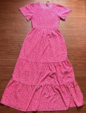 Kranda Women Smocked Floral Maxi Dress M Pink White Yellow Tiered Flutter Sleeve