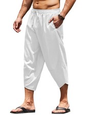 COOFANDY Men's Linen Harem Capri Pants Lightweight Loose 3/4 Shorts Drawstrin...