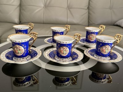 Antique Vintage German GDR Porcelain Demitasse Cups & Saucer Blue Gold Gilded!