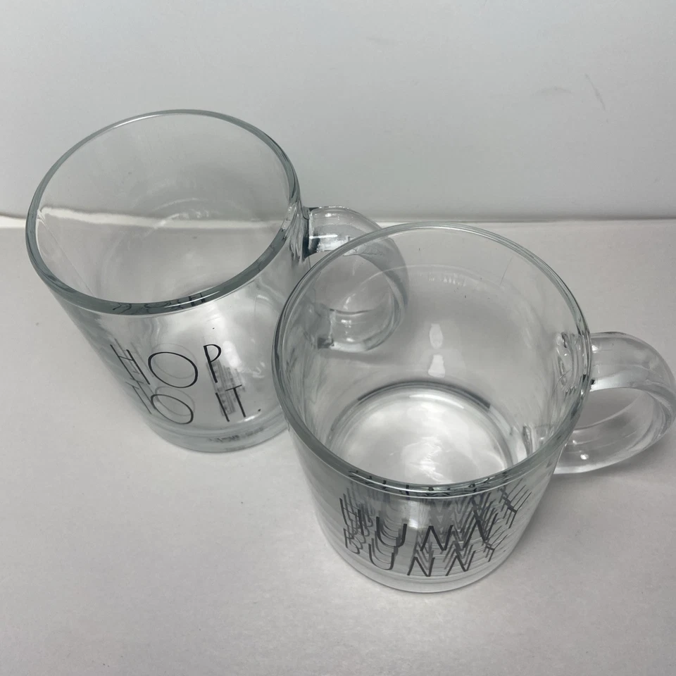 Rae Dunn  18 Oz Glass Mug Hop To It and Hunny Bunny Clear Glass Black Print 2 pc - Image 2 of 4