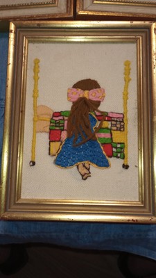 Vtg Handmade 8x6'' Framed Needlepoint Girl praying on bed 1982