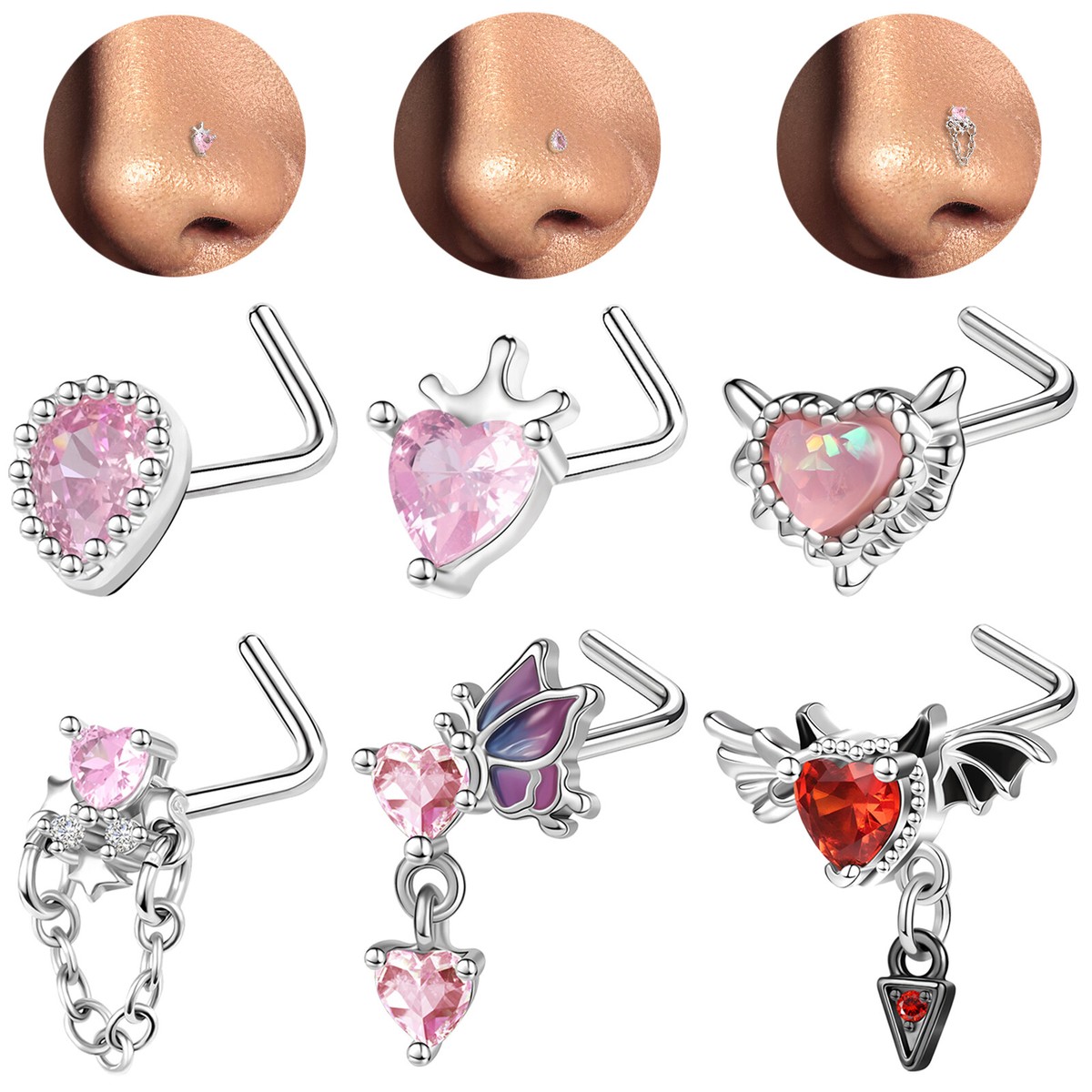 Pc Stainless Steel Nose Stud L-Shape Pink Heart CZ Nose Piercing
