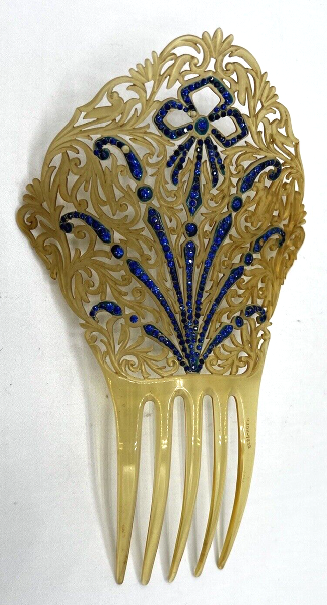 Vintage Art Deco Style Blue Rhinestone Fan Hair Comb Black Amber Celluloid 4.5\