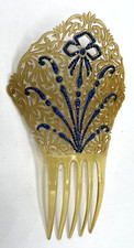 Vintage Art Deco Amber Celluloid Fan Hair Comb With Dark Blue Rhinestone's  8"
