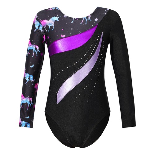 Kids Girls Rompers Shiny Bodysuit Ballet Unitard Tumbling Jumpsuit One Piece - Picture 12 of 76