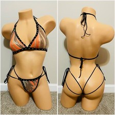 Exotic Dancewear Orange Gold Sequins Side Tie Bikini Set