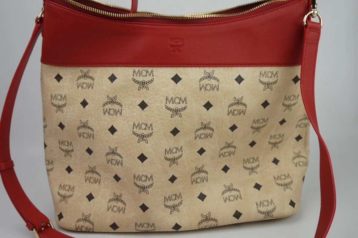 MCM Red Cream Medium Hobo Bag