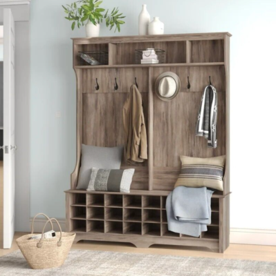 Gray Wood Entryway Shoe Storage Bench Cubbie Cabinet Mudroom Hall