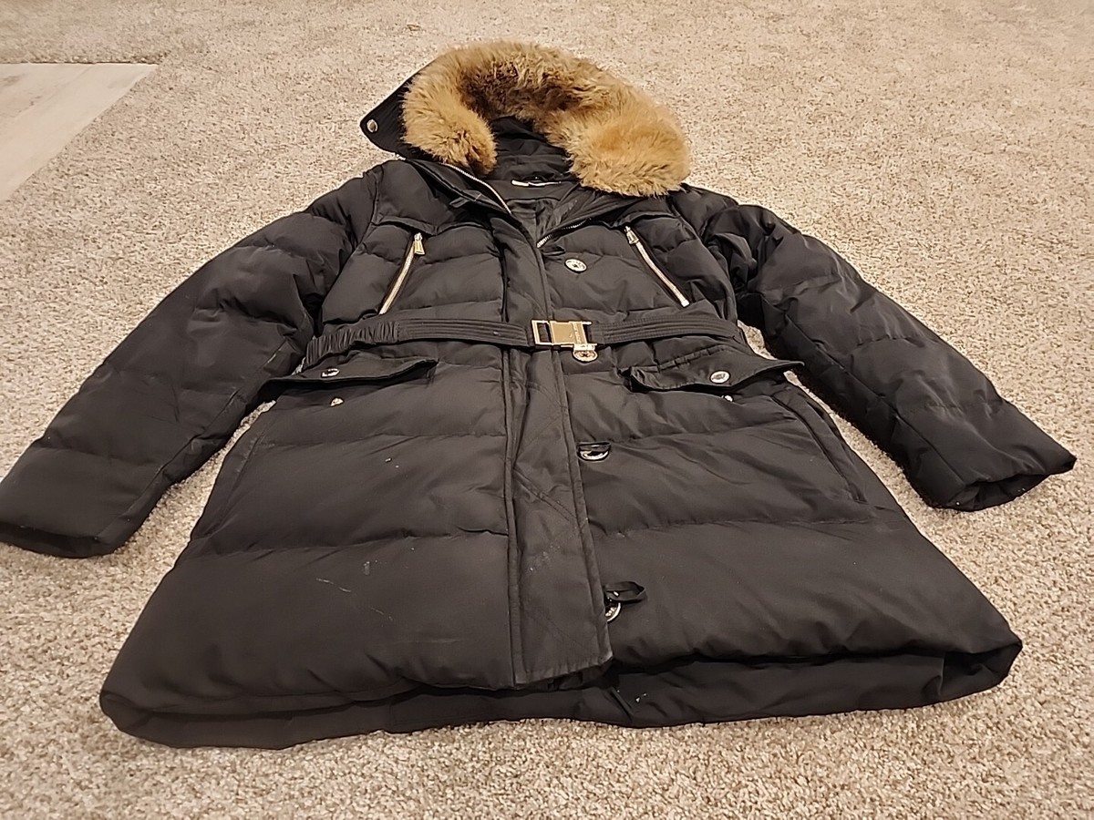Michael Kors Hooded Faux Fur-Trim Button Front Belted Down Puffer 