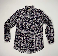 Woolrich Mens Medium Flannel Button Shirt Fish Stamp Print Outdoor Camp Gorpcore