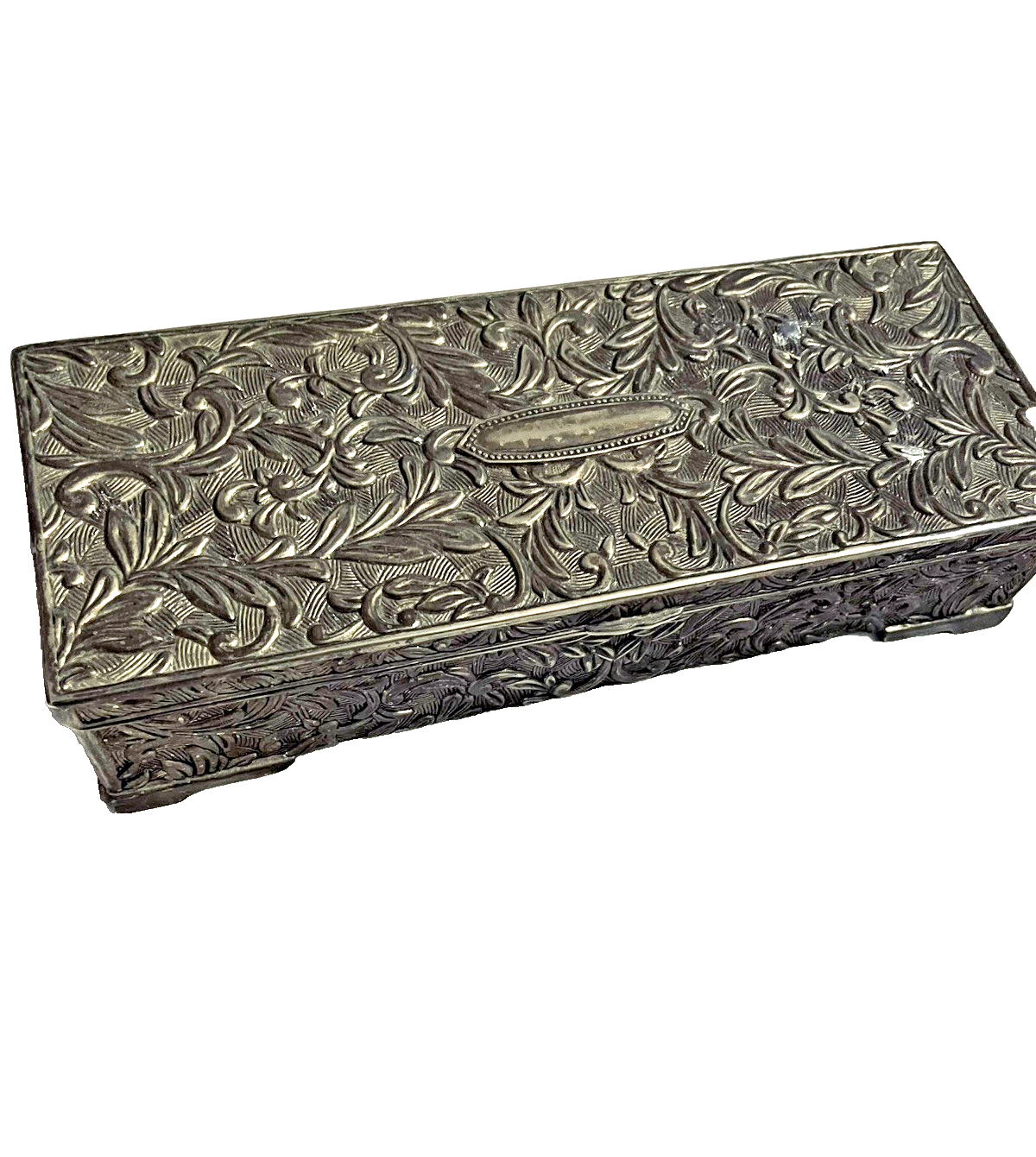 Godinger Silver Plate Jewelry Box Ornate Repousse Scroll Victorian Style Mirror