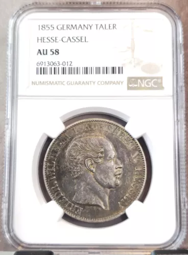 1855 GERMANY 1 TALER HESSE CASSEL KING WILHELM I NGC AU 58 EXTREMELY RARE