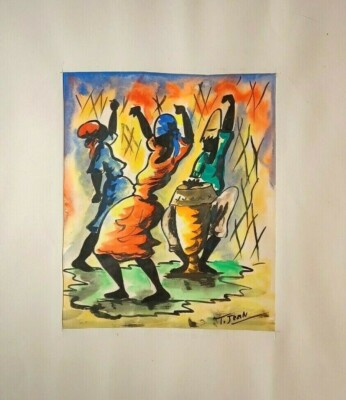 VINTAGE HAITIAN WATERCOLOR VIBRANT DANCING FIGURES ARTIST T. JEAN