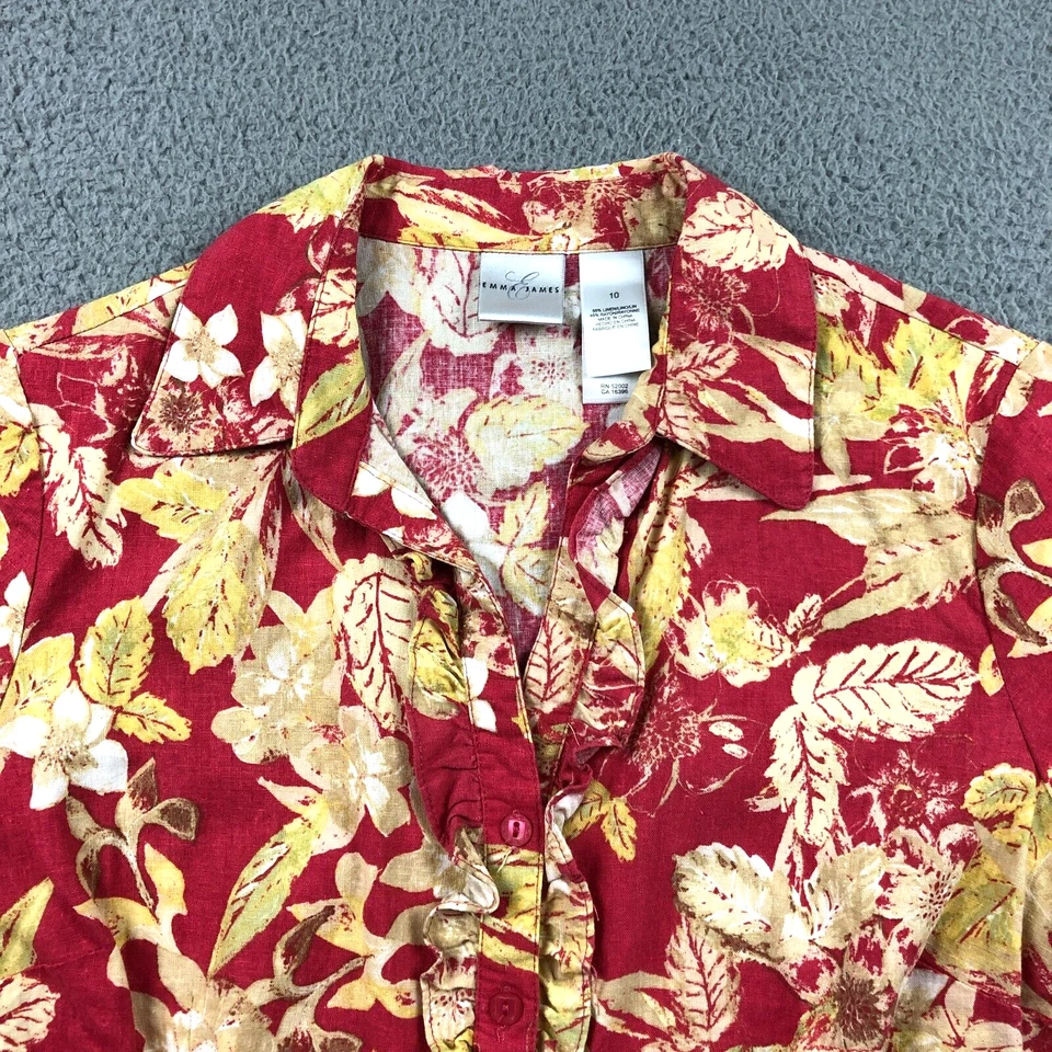 Emma James Womens Linen Blend Top Sz 10 Red Floral Ruffle Button-Up Cap Sleeve - Image 2 of 4