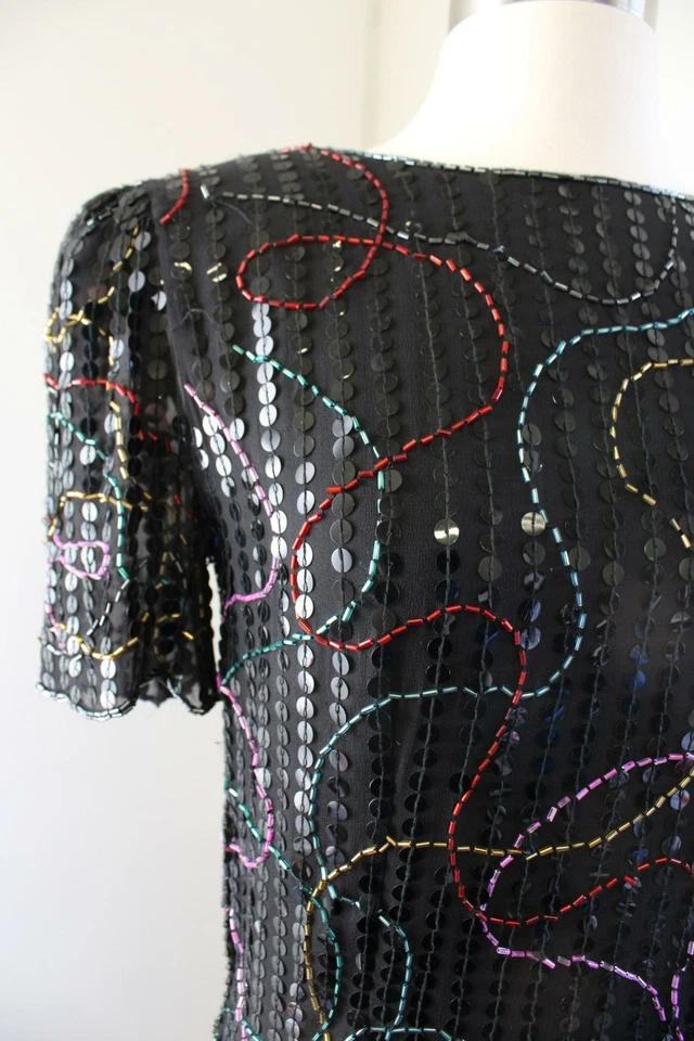 Vestido de Fiesta De Colección Años 90 Alfred Angelo Negro Multicolor Seda Cuentas Lentejuelas Talla XS S Foto 3 de 4