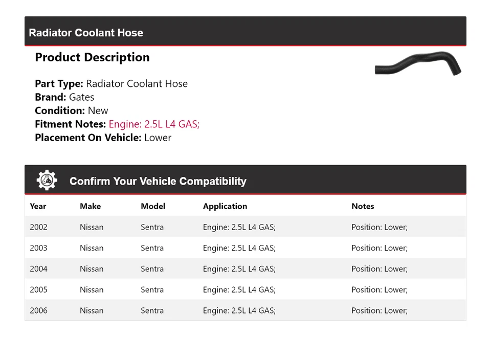 Manguera de refrigerante de radiador de gas 2,5 L L4 2002-2006 Nissan Sentra puertas inferiores 2003 Foto 2 de 4