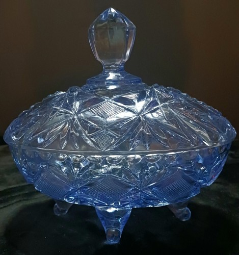 Vintage Blue Cut Glass Footed Candy/Bowl With Lid 7" Tall 7 1/2" Long Oval Shape - Picture 6 of 8