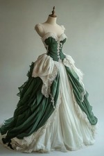 Vintage Victorian Evening Dresses Green Halter Lace Ruffles Medieval Party