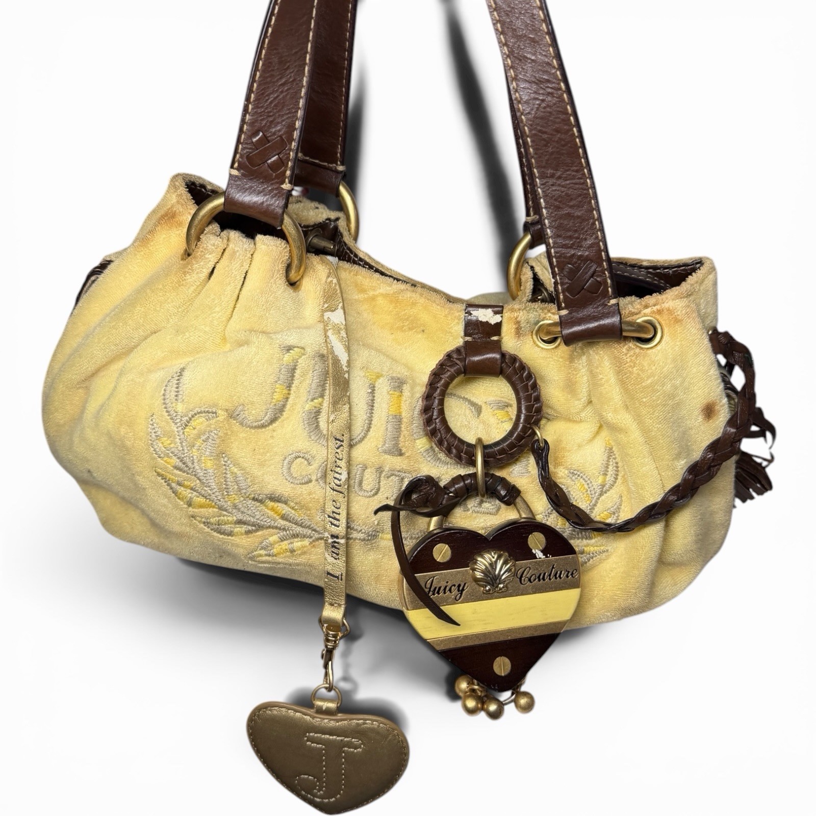 Rare Y2K Juicy Couture Yellow Daydreamer Velour Terrycloth Tote Bag Crown Charm