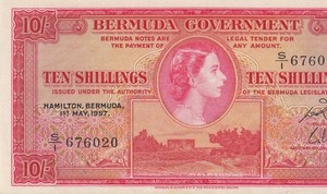 1957 BRITISH COLONY BERMUDA 10 SHILLINGS QEII 10/- "S/1" ~RARE~ (( aUNC ))