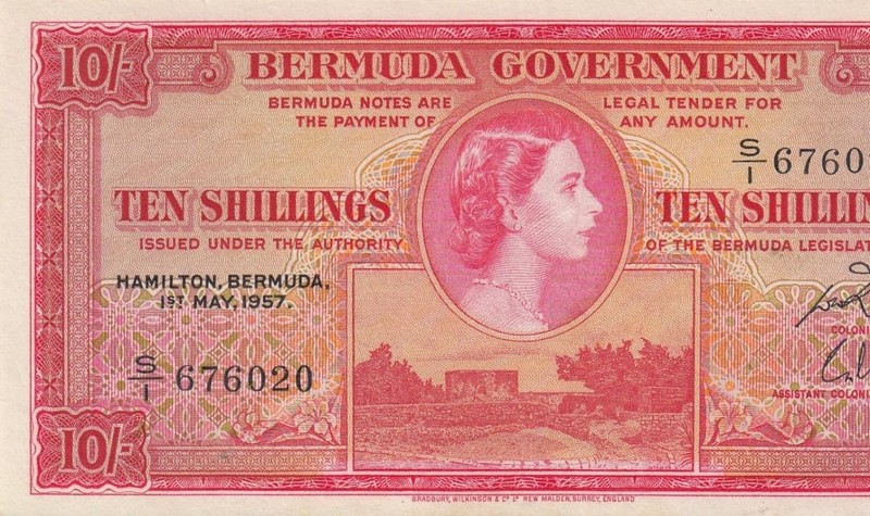 1957 BRITISH COLONY BERMUDA 10 SHILLINGS QEII 10/- "S/1" ~RARE~ (( aUNC ))