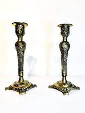 Rare Vintage Brass Candle Holders Ornate Rococo Revival 9" Pair