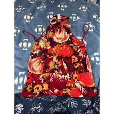 Arden B Womens Floral Halter Top Red Burgundy Gold Ruffle Neck Size L USA Made