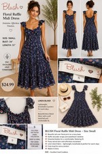 Blush🩷J Blue floral print smocked Midi prairie dress off-the-shoulder SM EUC