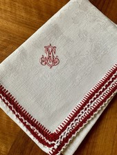 Antike Mitteldecke Tischtuch 63x63 rotes Monogramm Zierrand