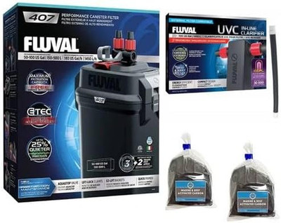 Fluval 407 Canister Filter w/Fluval UVC in-Line Clarifier Bundle (4 Items)