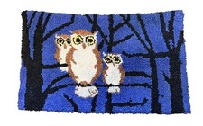 Vintage 1970s Owl Latch Hook Rug Wall Hanging Folk Art Owls Tree Blue Retro