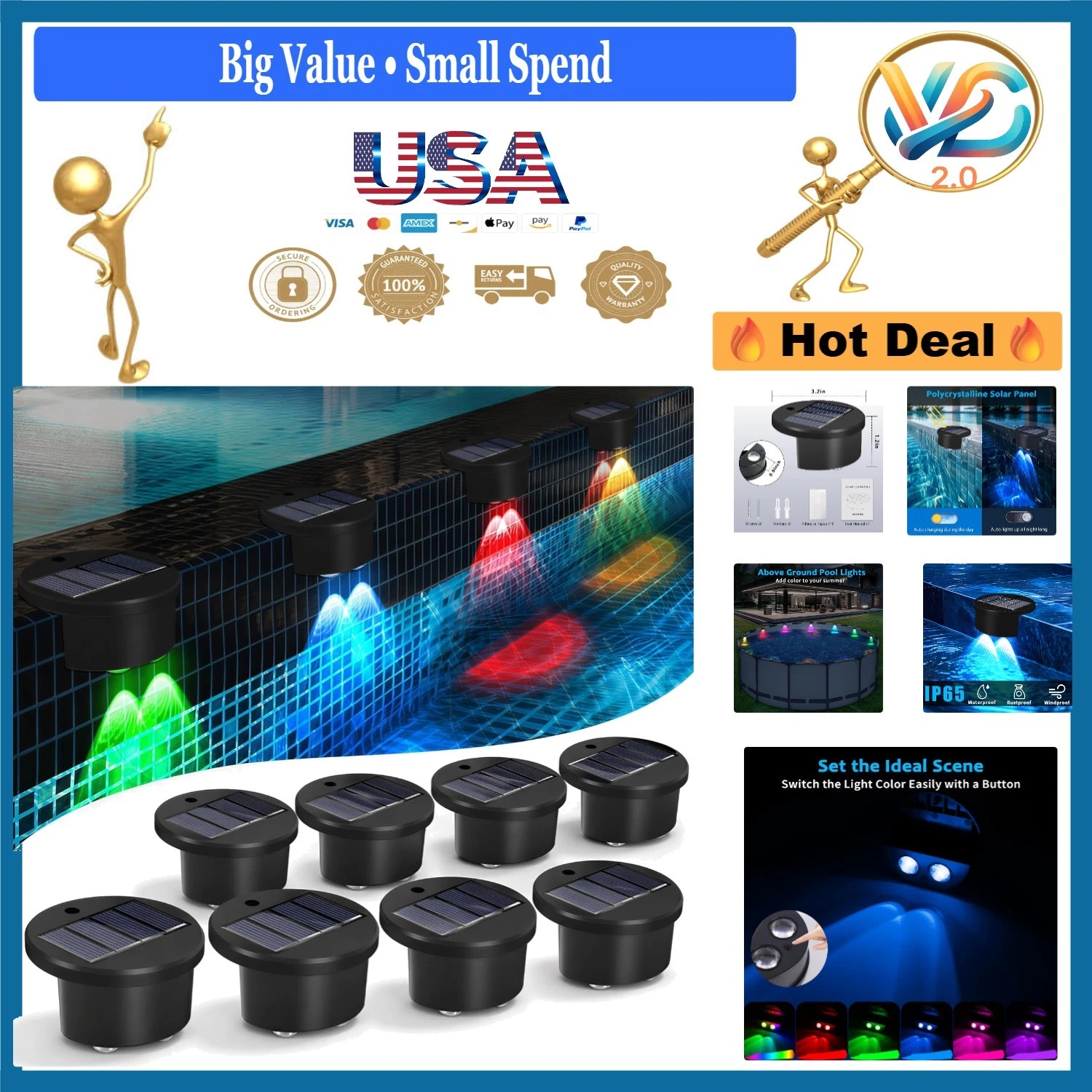8 Pack Solar Pool Lights RGB Color Changing Waterproof Pool Decor