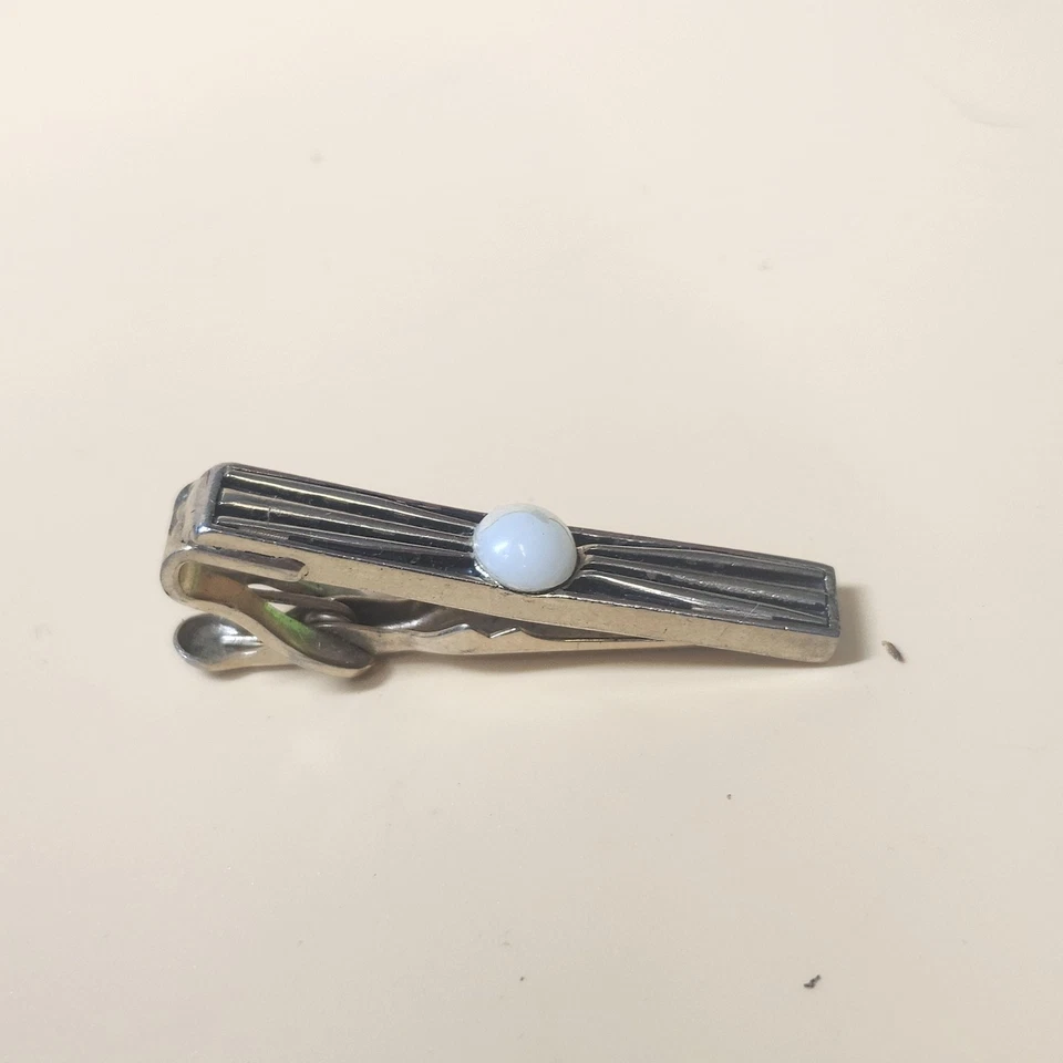 Clip de barra de corbata vintage tono plata para hombre 1,5 pulgadas a rayas ópalo blanco cabujón clásico Foto 2 de 4