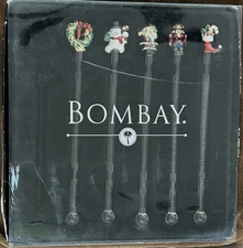 Bombay ~ Set of 5 Glass Christmas Stirrers / Swizzle Sticks ~ New in Damaged Box