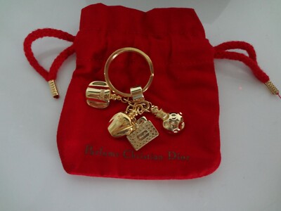 CHRISTIAN DIOR Auth. 4 Charms KEYRING BAG CHARM KEY HOLDER Gold Tone Accessory