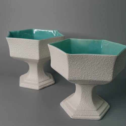 Vtg MATCHED PAIR Royal Haeger Hexagon White Aqua Pebble Glaze Pedestal Planters