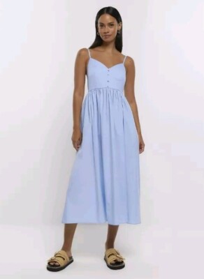 River Island Womens Skater Midi Dress Blue Prom Poplin Sleeveless size  RRP £40 UK