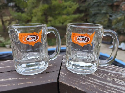 Vintage A & W Root Beer Mug Set of 2 Logo Heavy Clear Glass 10 OZ Mugs EUC MAP