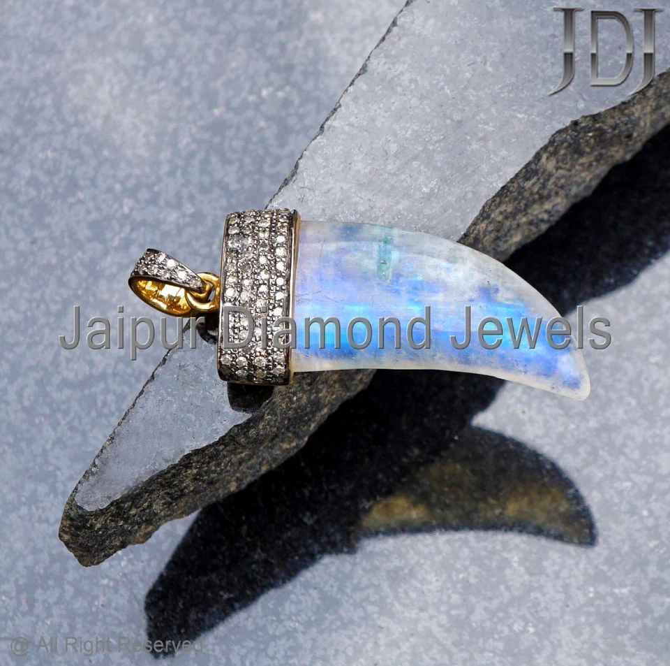 Natural Rainbow Moonstone Gems Pave Diamond 925 Silver Designer Chain Pendant - Image 4 of 4