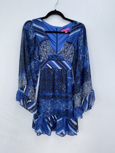 Betsey Johnson Boho blau Paisley gemischter Druck Tie Back Kleid Gr. 4