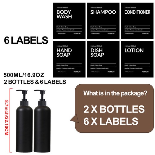 2/3 Piezas 500ml Recargable Dispensador de Jabón Vacío Champú Botellas con 6 Etiquetas - Imagen 16 de 16