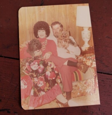 Vintage Snapshot Photo - 1960's Couple w/ TWO DOGS Floral Mod Dress Full Color