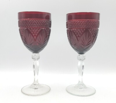 Vintage Ruby Red Water Wine Goblet 10oz Cristal D'Arques-Durand 8'' Set Of 2