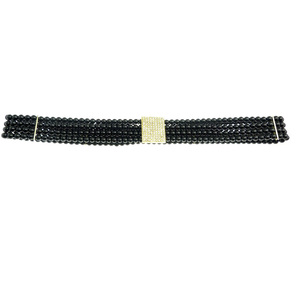 Ceinture Bijou Femme Perles Noires élastique Avec Attache Dorée Et Strass - Tour De Taille 76 Cm