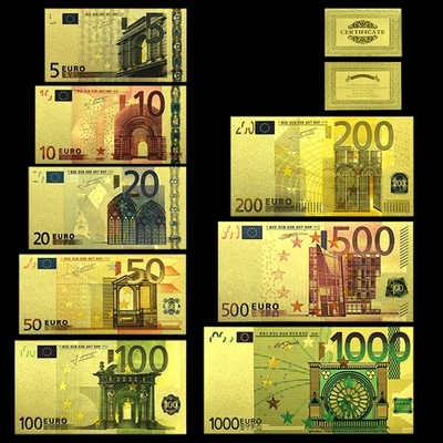 8pcs/set 5 10 20 50 100 200 500 1000 Euro Gold Foil Plastic Banknotes Souvenir