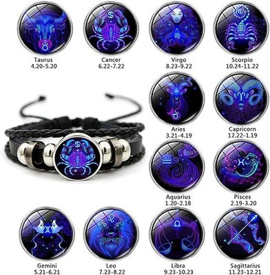 Gleym Leather Bracelet Zodiac All 12 Signs Spirit Bracelet Multilayer Adjustable