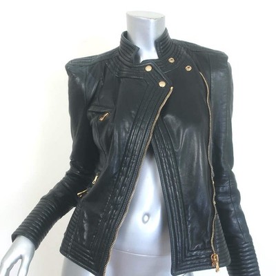 Balmain Multi-Pocket Leather Moto Jacket Black Quilted Leather Size 36