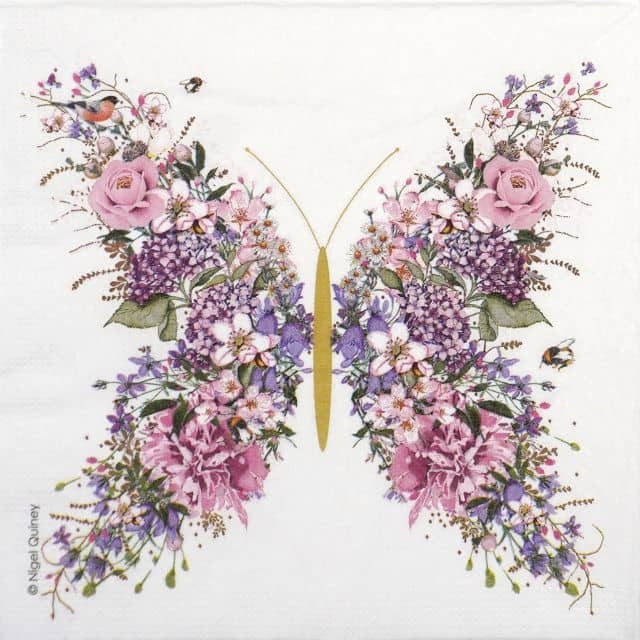 4x Rose Butterfly Decoupage Napkins  33x33cm, 3ply, PPD Brand, Craft Use